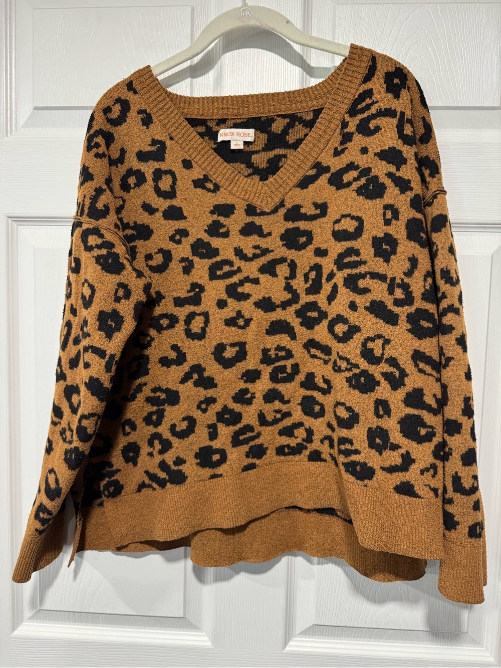Knox Rose Camel and Black Leopard V-Neck Sweater
